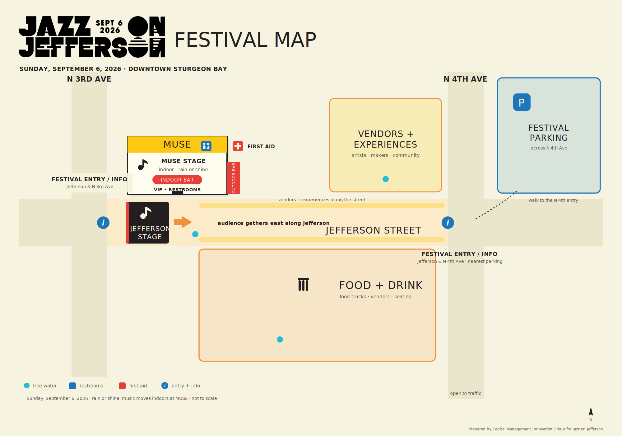 Jazz on Jefferson official festival map showing Jefferson Stage, MUSE Stage, vendor corridors, food and drink areas, parking, entrances, restrooms, first aid, hydration stations, and bar locations on Jefferson Street in downtown Sturgeon Bay